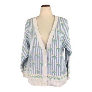 Vtg Eddie Bauer Blue White Stripe Spring Cardigan Floral 100% Cotton Small